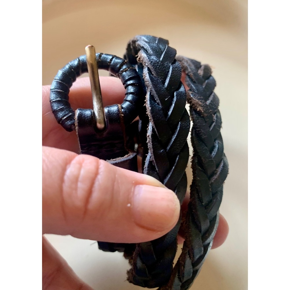 Vintage Black Braided Leather Skinny Belt with Round Buckle 41.5in